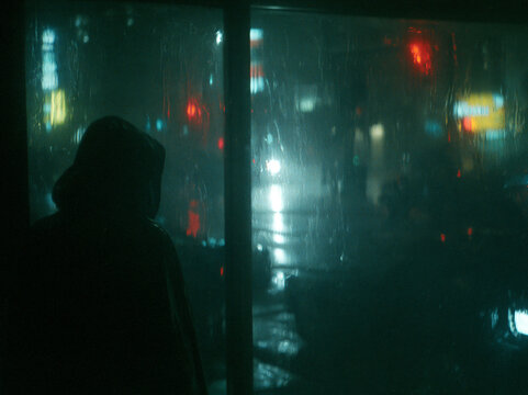 Hooded Silhouette Behind Rainy Neon Window