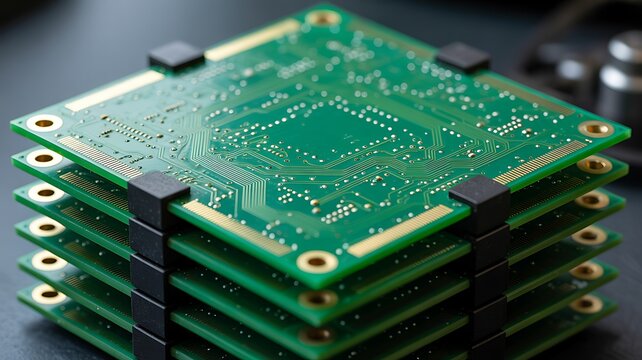 Stack of green computer circuit boards on dark surface