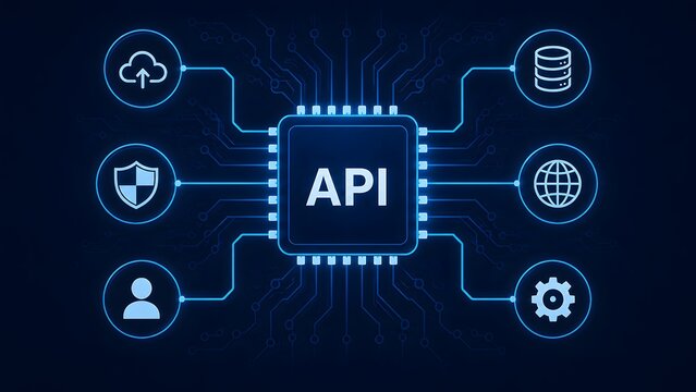 API application programming interface glowing blue microchip connecting cloud storage user data and global network security infrastructure