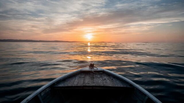 Point of view shot from bow of wooden boat navigating forward across rippling ocean water at golden sunrise. Bright sun reflections gleaming on sea surface and mountain skyline video footage