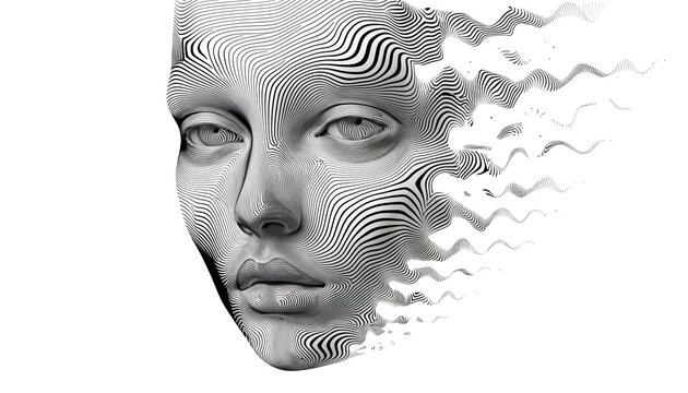 Digital face dissolving into wavy algorithmic lines. Neural network and memory loss concept. Abstract cybernetic profile dispersing into particles on white background