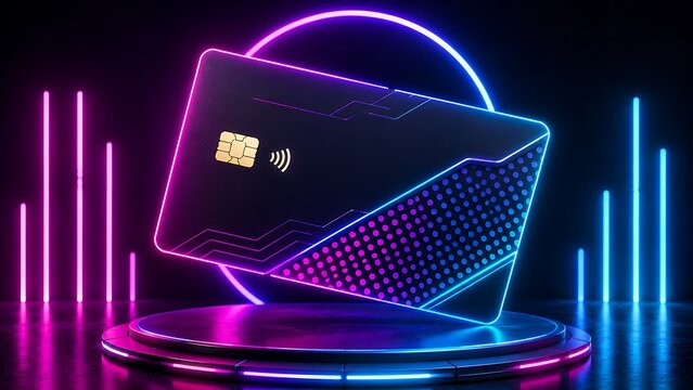 Black credit card with contactless chip technology on a neon light podium with futuristic digital background