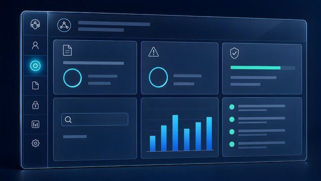Contract management dashboard legal technology data analytics transparent glass interface secure software system