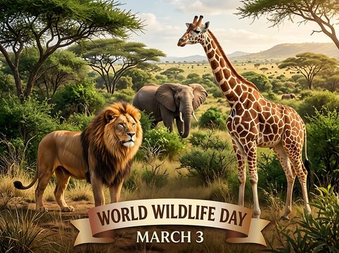 Majestic lion giraffe and elephant together in the wild celebrating world wildlife day in savanna landscape