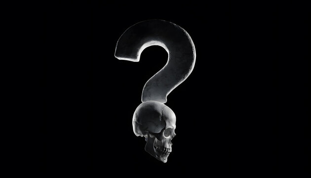 Large question mark balanced on human skull against black background. Mortality questions and existential dilemma concept. Bone skull supporting mark symbol in dark lighting