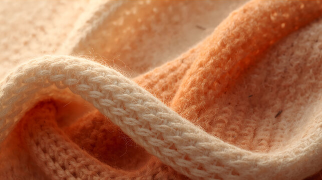 Abstract tactile knitted wool textured ribbon flowing across frame evoking comforting handmade autumn mood generative AI