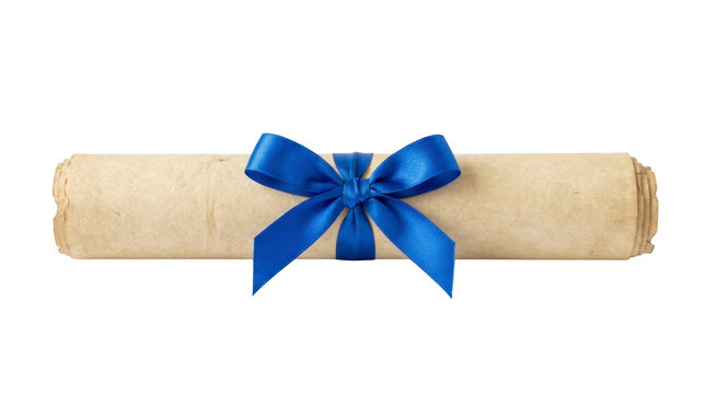 Old parchment scroll tied with a blue ribbon on a transparent background PNG file
