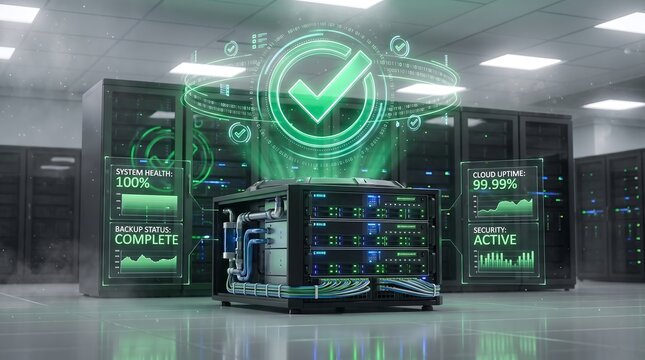 Success approval checkmark hologram over modern server hardware with checkmark approval verified hologram technology computing protection