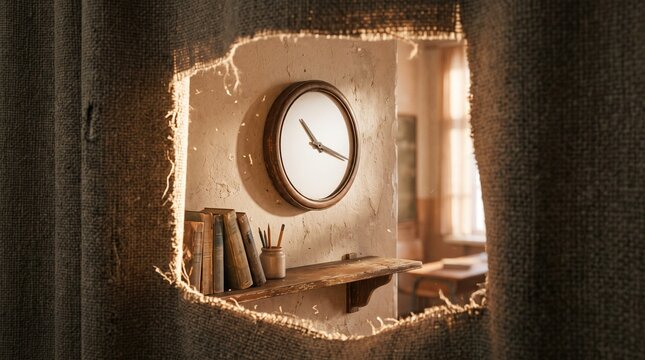 Vintage Room with Wooden Clock and Books Seen Through a Torn Burlap Opening