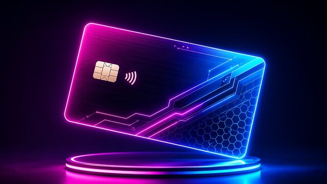 Modern contactless payment credit card with glowing blue and pink neon circuit light effects on a dark background