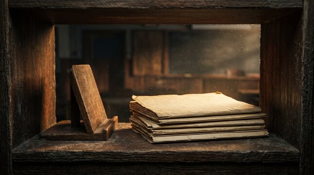 Vintage stack of aged papers and wooden stand on a dusty shelf in a dim room with warm lighting