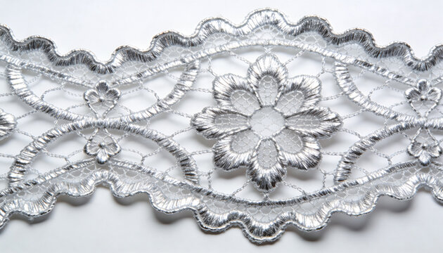 silver lace, floral trim, embroidered ribbon, metallic border, wedding craft, decorative mesh, textile art, floral pattern, shiny border, bridal trim