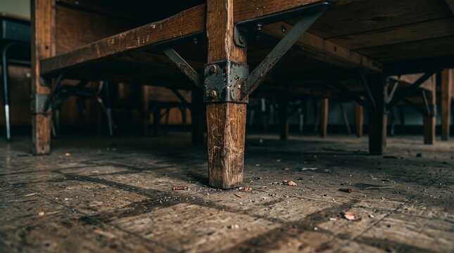 Low Angle View of Vintage Wooden Desks on a Gritty Floor