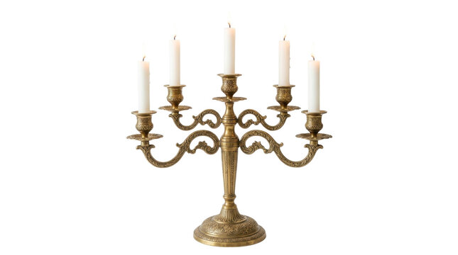 Antique brass candelabra with lit white wax candles on a transparent background PNG image