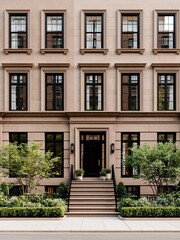 Naklejka premium Brownstone apartment facade with black windows and front stoop