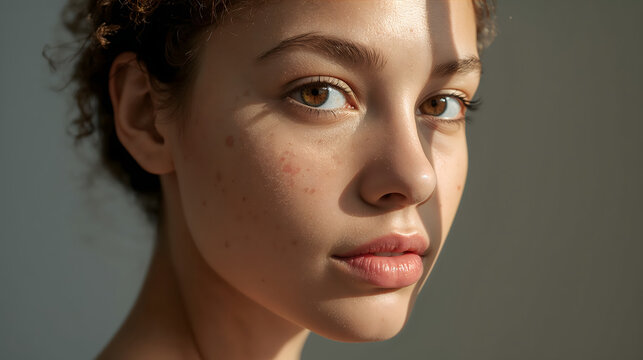 Young woman looking calmly past lens evoking empowering quiet mood and natural beauty generative AI