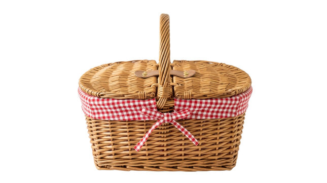 Wicker picnic basket with red checkered cloth lining on a transparent background PNG file
