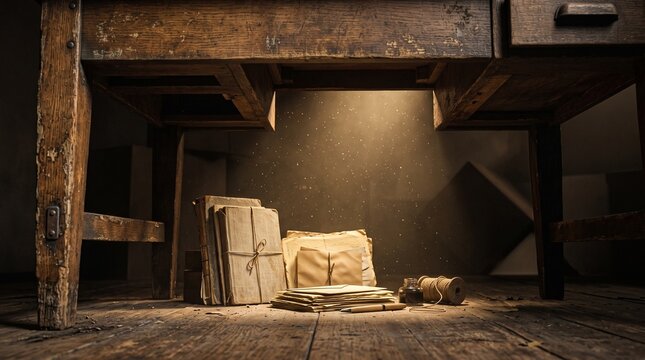 Vintage letters and old books tucked under a rustic wooden desk with dramatic lighting and dust motes