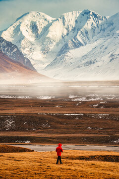 Explorer Walking on Vast Golden Valley Under Massive Snow Covered Mountain Peaks in Sary Jaz Central Asia