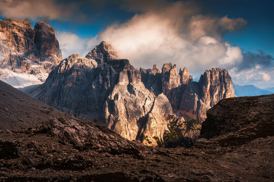 Dramatic Alpine Dolomites Mountain Peaks Landscape With Sunlight at Tre Cime South Tyrol Italy