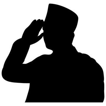 silhouette of a man wearing a cap and saluting