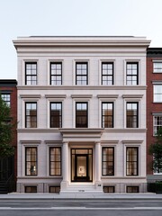 Naklejka premium White townhouse facade with columns and black framed windows