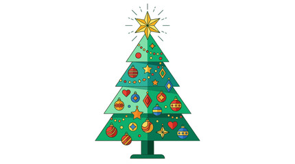 Fototapeta premium Christmas tree decorated with colorful ornaments and a bright glowing star stands isolated against a clean white background.