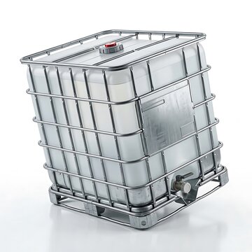 Large industrial plastic tank container with metal steel cage frame for liquid storage and transport. ibc container