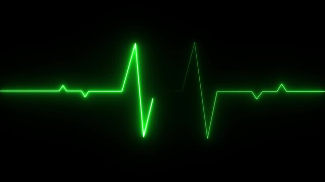 Glowing green neon heartbeat line monitor display isolated on a black background representing medical vital signs or a digital pulse signal rhythm