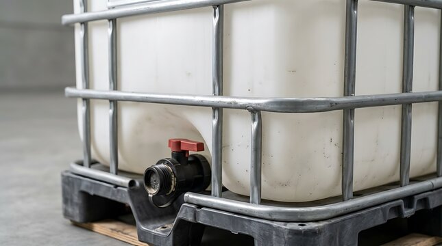 Large plastic water tank container with a metal cage frame and a red valve handle for industrial liquid. ibc container