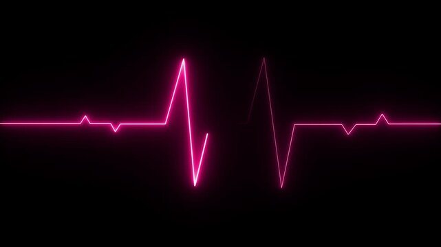 Glowing pink neon heartbeat line monitor display isolated on a black background representing medical vital signs or a digital pulse signal rhythm