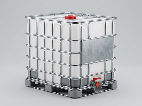 Large plastic industrial ibc water tank container on a wooden pallet for storage and liquid transport. ibc container