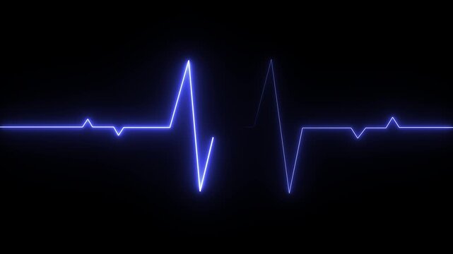 Glowing blue neon heartbeat line monitor display isolated on a dark black background representing medical pulse rhythm and cardiac activity