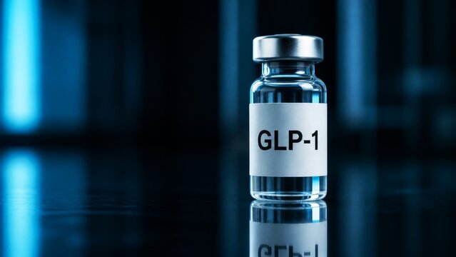 GLP-1 medication vial displayed in a dark blue pharmaceutical laboratory setting
