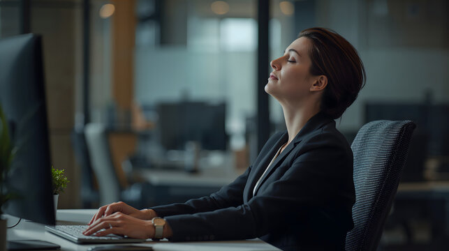 Professional sitting at a tidy desk with eyes closed evoking calm mindful peaceful mood generative AI