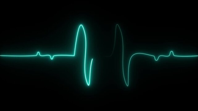 Cyan glowing heartbeat line monitor display isolated on a dark black background representing medical pulse rhythm and cardiac activity