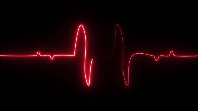 Red glowing heartbeat line monitor display isolated on a dark black background representing medical pulse rhythm and cardiac activity