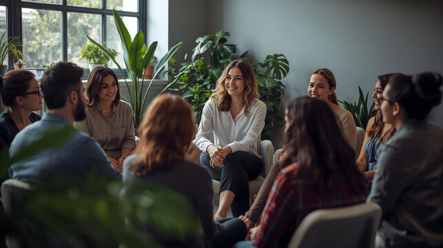 Supportive group sitting in a loose circle in a bright plant filled room evoking compassionate wellbeing mood generative AI