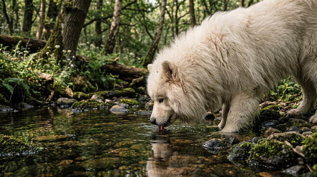 White samoyed dog drinking water from a forest creek with drinking wilderness outdoors reflection refreshment adventure purebred standing landscape