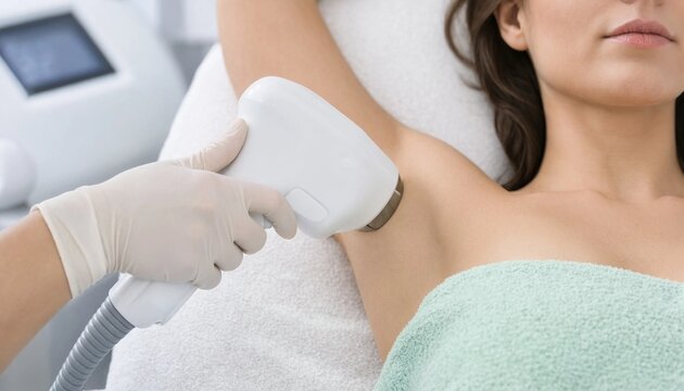 Professional cosmetologist performing laser hair removal treatment on female underarm in beauty clinic