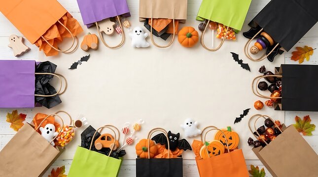 Top view of colorful halloween gift bags with candy and spooky decorations halloween decorations celebration colorful creative packaging handmade seasonal arrangement background overhead