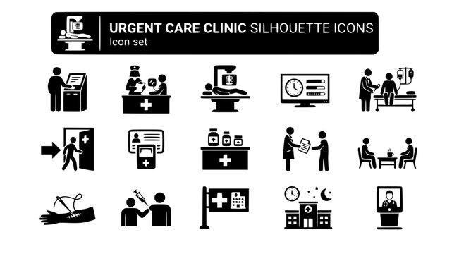Urgent Care Clinic Silhouette Icon Set with Check-In Kiosk, Triage Nurse Station, X-Ray Room and Walk-In Sign, 15 Icons, Flat Vector
