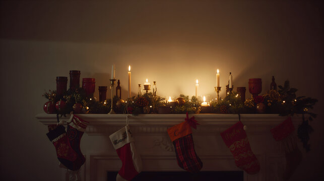 A beautifully decorated wooden mantelpiece featuring holiday stockings and burning candles evoking cozy evening mood generative AI