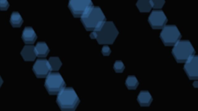 Abstract blue hexagonal prisms moving in a geometric pattern on a dark black background