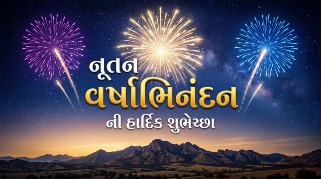 Gujarati happy new year text glowing under colorful firework display above mountain landscape with starry sky for festive holiday card
