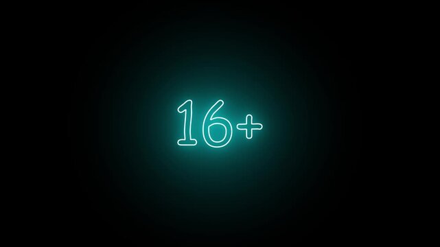 Glowing cyan neon sign displaying the number sixteen plus symbol on a dark black background representing age restriction and maturity rating warning