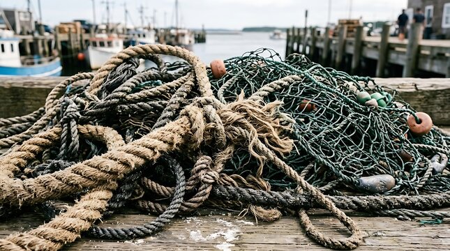 Pile of weathered fishing nets and ropes on a dock