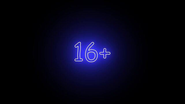 Glowing blue neon sign displaying the number sixteen plus symbol on a dark black background representing age restriction and maturity rating warning