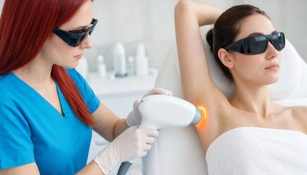 Professional laser hair removal procedure on female underarm in a modern cosmetic clinic setting