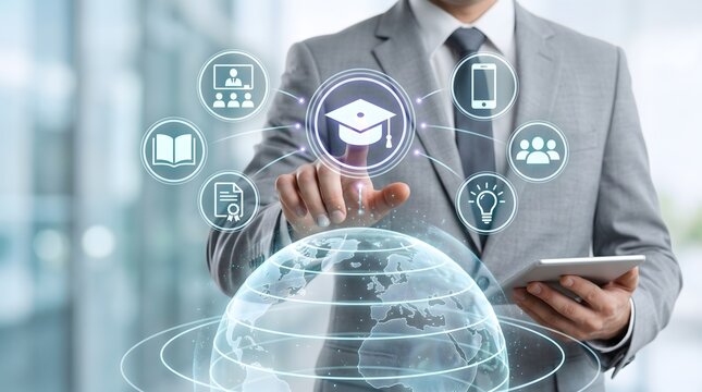 Global online education and corporate training concept featuring businessman interacting with digital learning interface